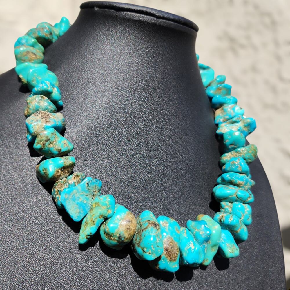 Vtg Santo Domingo Kingman Turquoise Necklace Blue Chunk Nugget Kewa Native Pawn